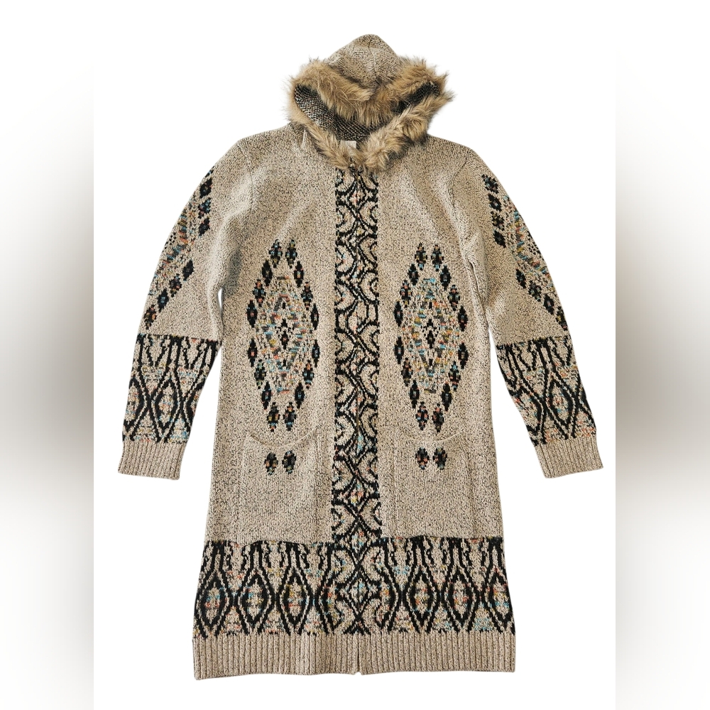 Northern Angel Long Hooded Cardigan Sweater Full Zip Aztec Boho Faux Fur Trim XL